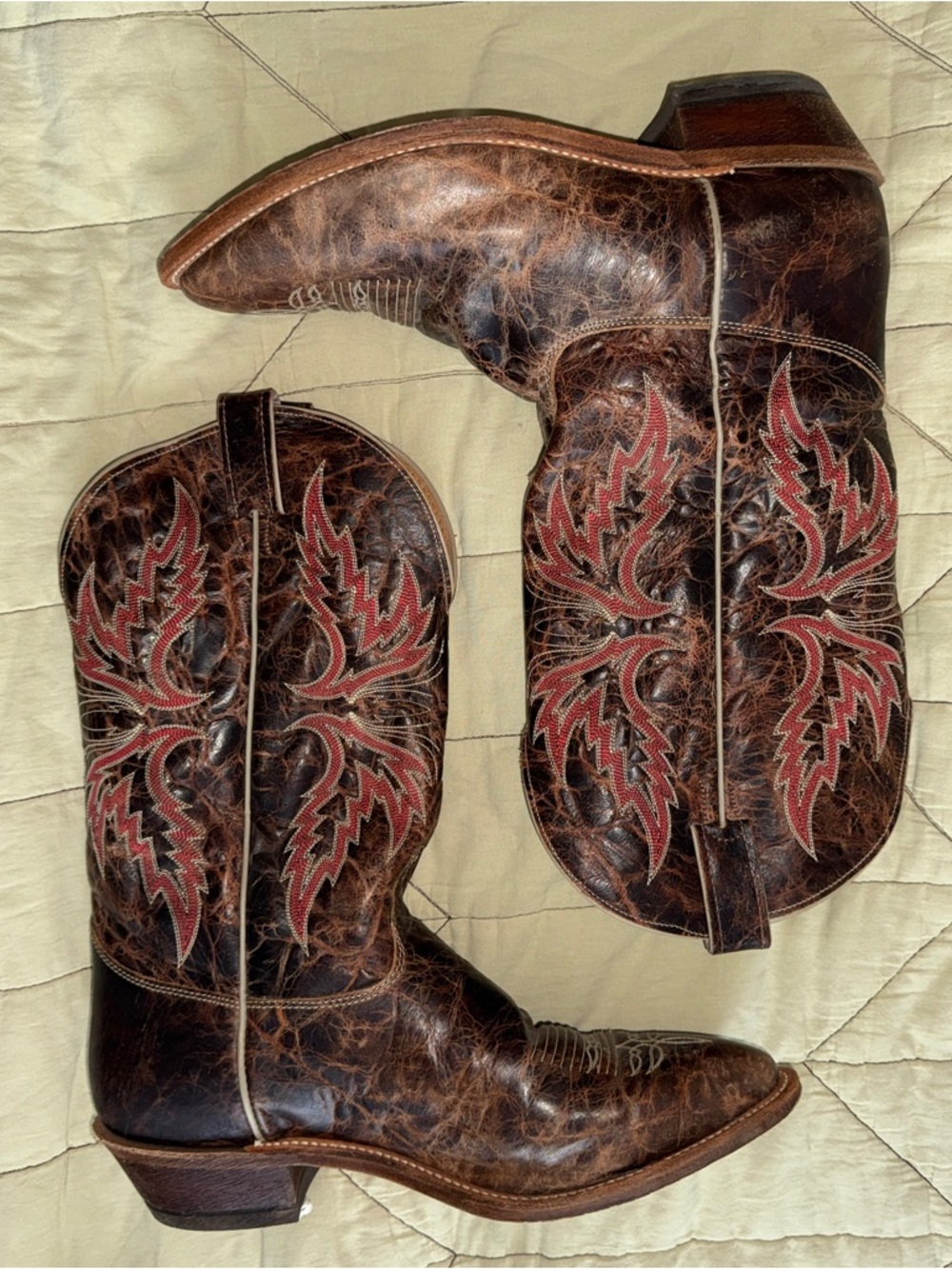 Justin Boots Brown Leather Cowboy Boots with Red Stitching